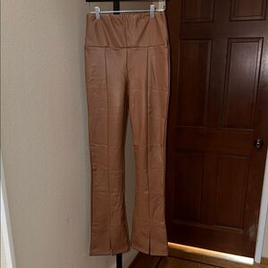 NWT RDI Faux Leather Front Slit Flare Pants Cognac Brown Women’s Size M